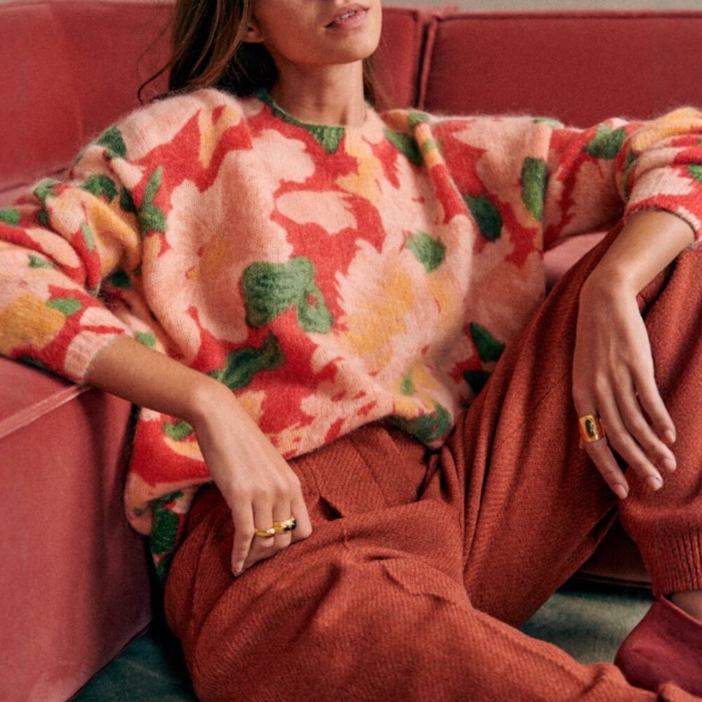 Sezane May Jumper XS/S/M Sweater Orange Floral French Red Wool Causal